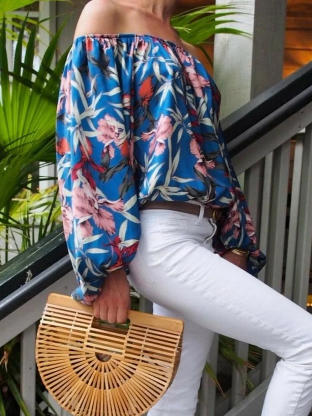 Zara blue tropical Cruise Vaca print off-shoulder bodysuit M - Picture 1 of 7